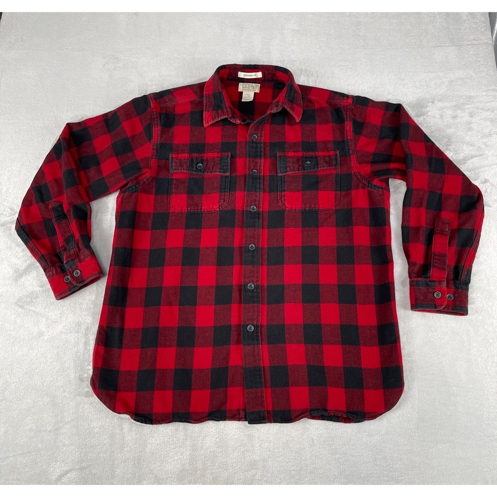 LL Bean Mens Traditional Fit Red Black Buffalo Check Plaid Flannel Shirt L Reg
